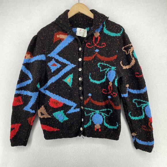 WARM & WONDERFUL Cardigan S Wool Hand Knit Speckled Button Up Black VTG England - Picture 2 of 16